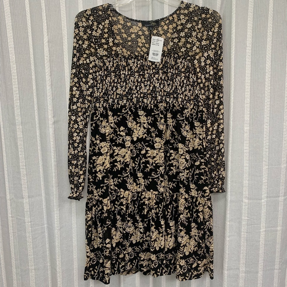 Suzanne Betro Dress NWT Square Neck Empire Waist Black & Beige Floral Size S